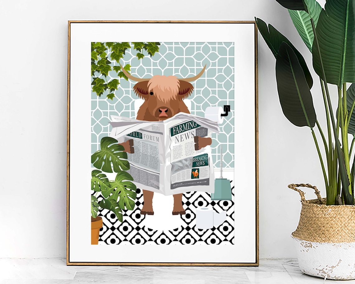 Highland Cow On Toilet Bathroom Art Print, Maximalist Decor