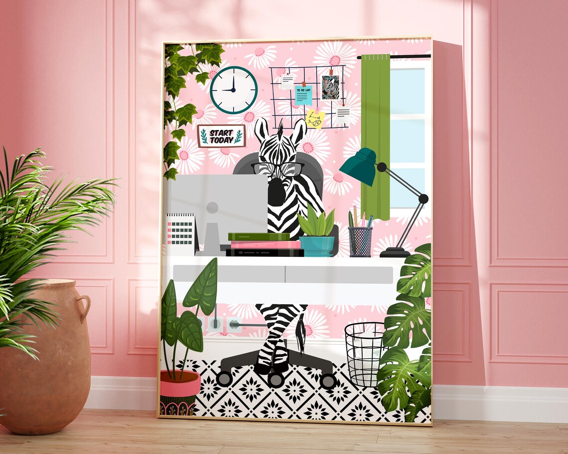 Zebra Work From Home Print, Modern Office Decor
