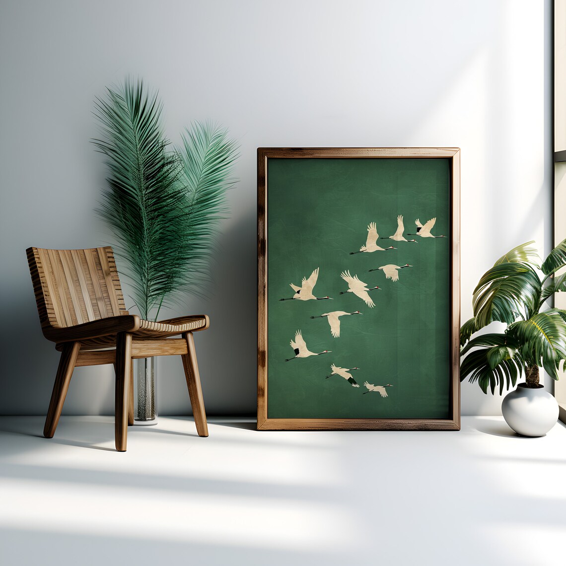 Emerald Cranes Wall Art Print, Japanese Maximalist Decor