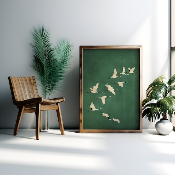 Emerald Cranes Wall Art Print, Japanese Maximalist Decor