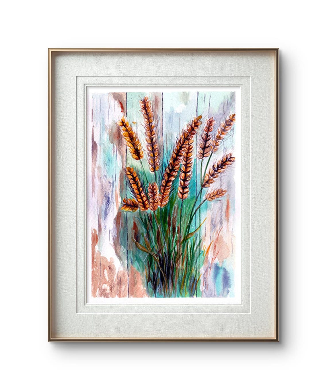 Golden Wheat Stalks Rustic Watercolor Farmhouse Kitchen Wall Art