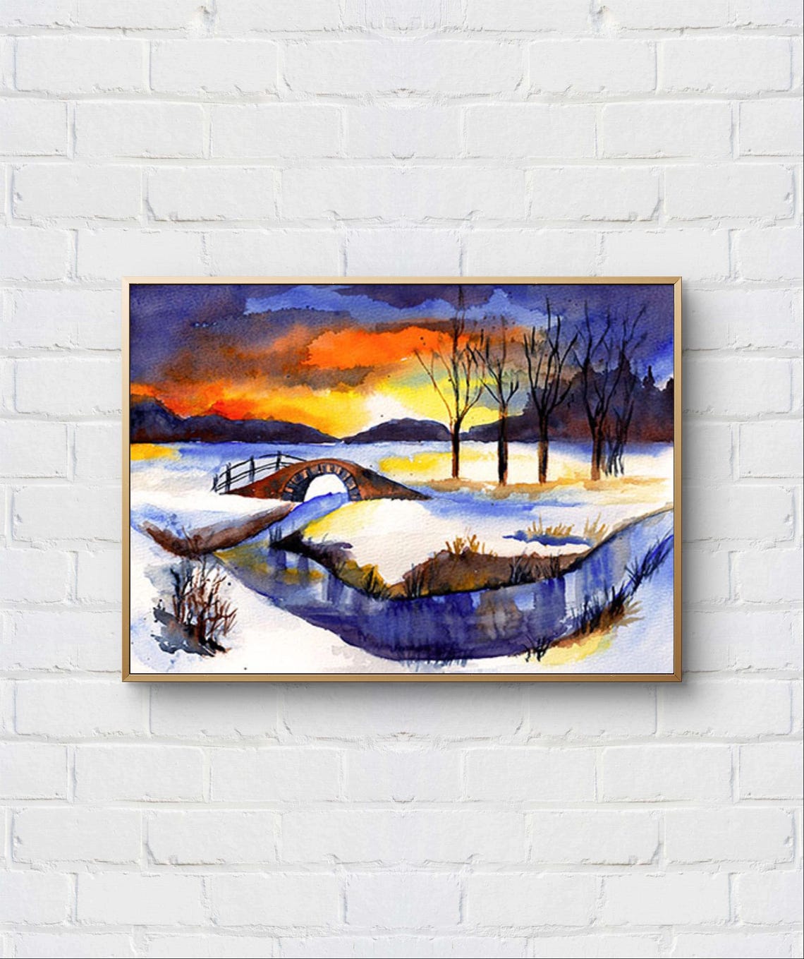 Scenic Winter Sunset Snowy River Stone Bridge Watercolor Print