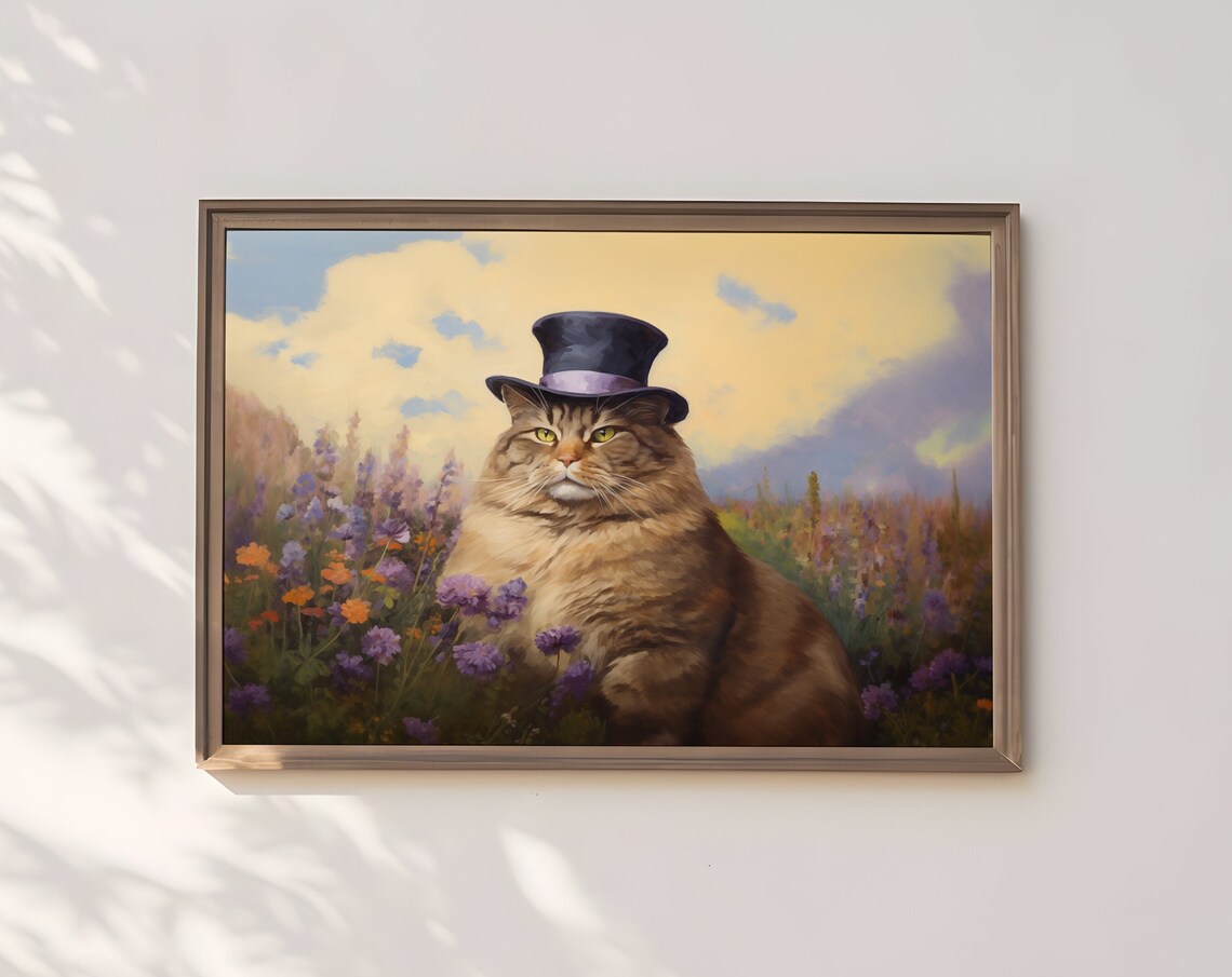 Tabby Cat In Top Hat Among Wildflowers Whimsical Funny Wall Art
