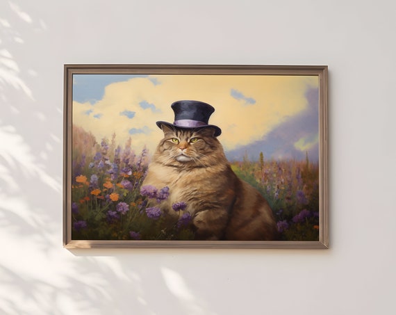 Tabby Cat In Top Hat Among Wildflowers Whimsical Funny Wall Art