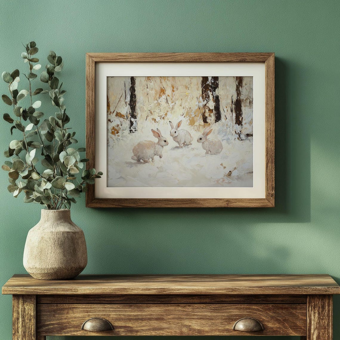 Three White Rabbits Snowy Woodland Vintage Winter Wildlife Poster - Image 4
