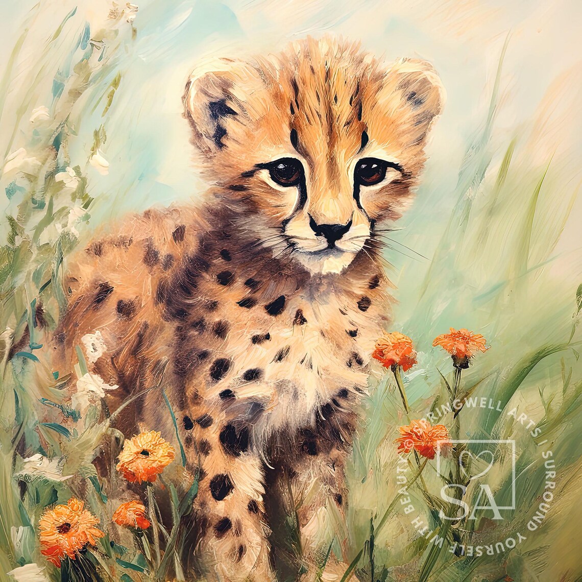 Baby Cheetah Cub Flower Painting Cute Safari Nursery Wall Decor Poster - Image 2
