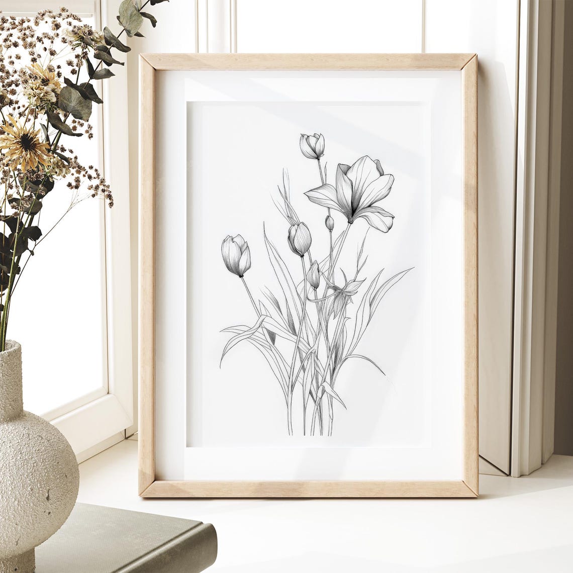 Black And White Tulip Floral Sketch Minimalist Botanical Line Poster - Image 3