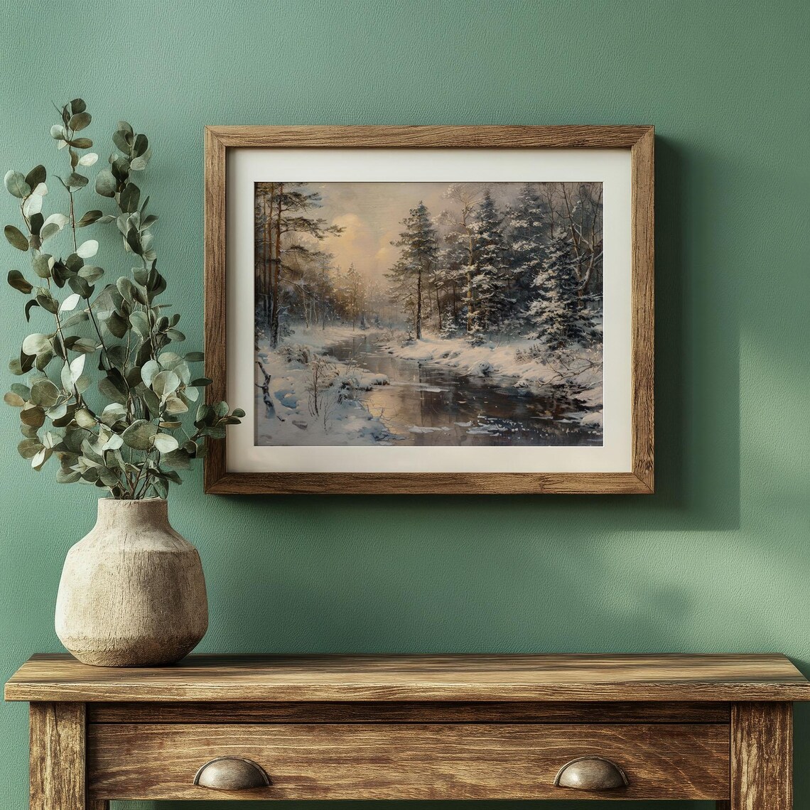 Winter Forest Stream Vintage Woodland Snow Scene Art Print - Image 3