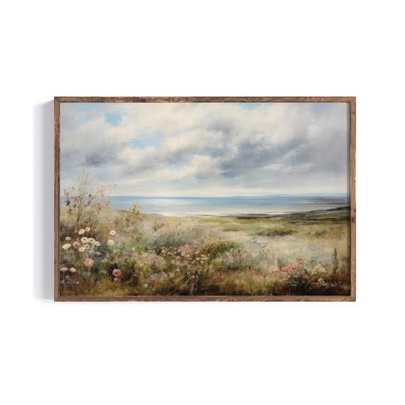 Coastal Wildflower Meadow Cloudy Sky Calm Seaside Landscape Poster
