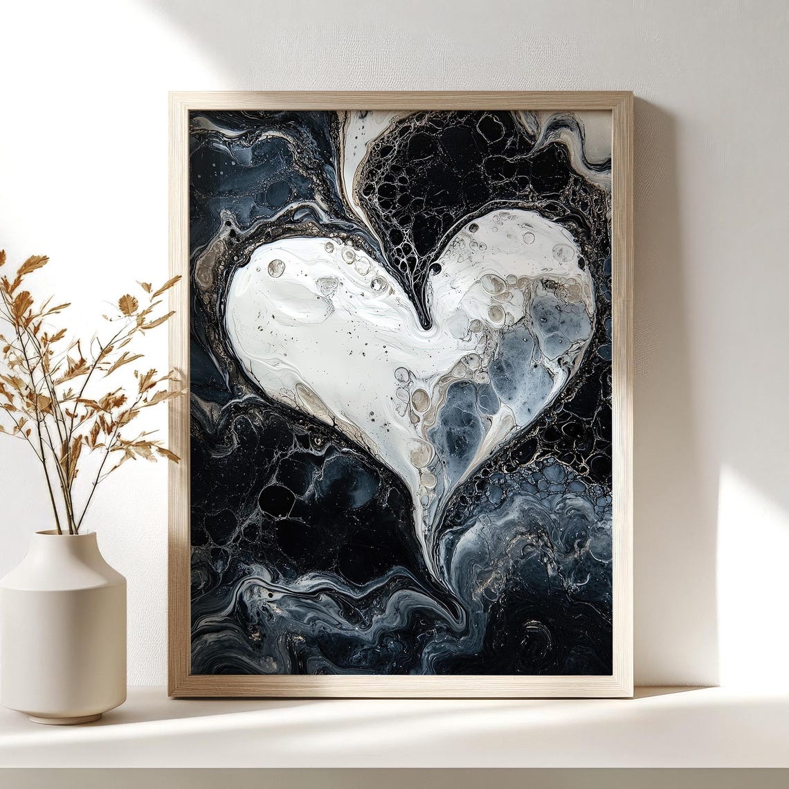 Black and White Abstract Heart Fluid Art Moody Modern Decor Poster - Image 3