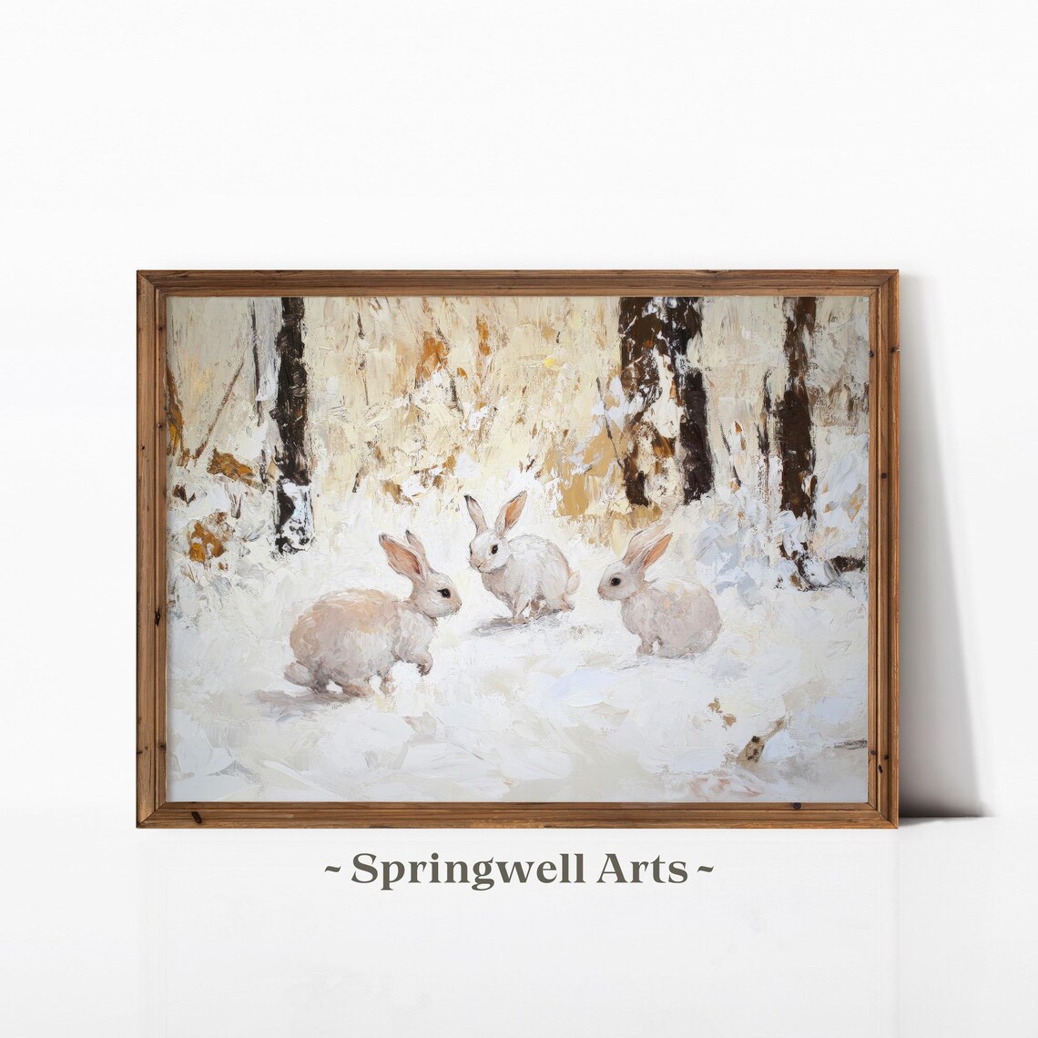 Three White Rabbits Snowy Woodland Vintage Winter Wildlife Poster