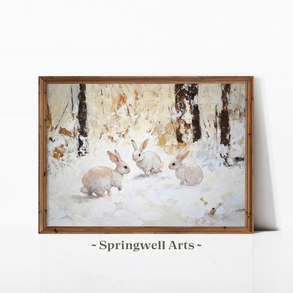Three White Rabbits Snowy Woodland Vintage Winter Wildlife Poster