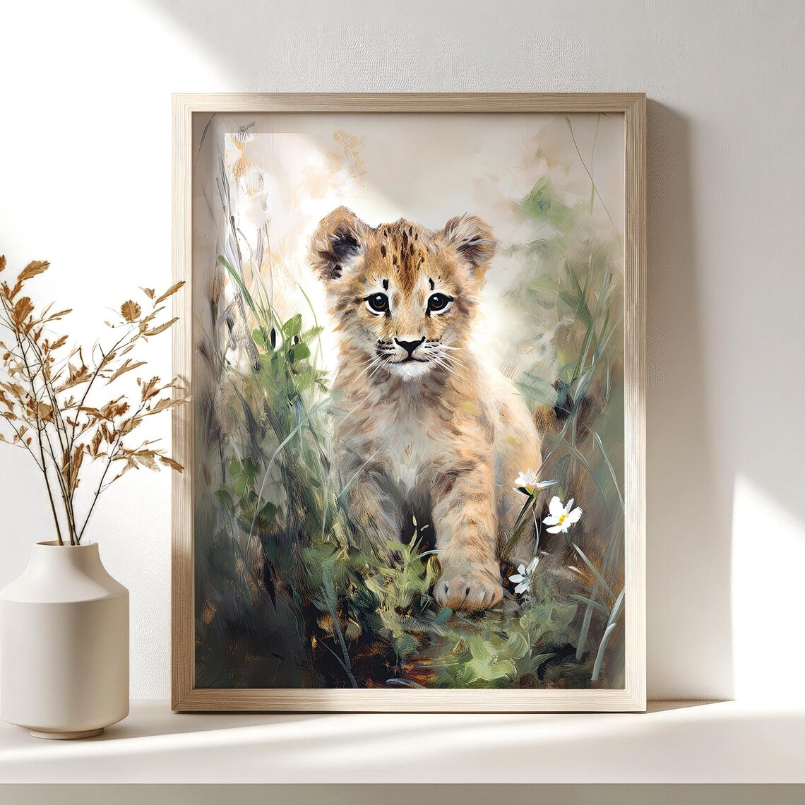 Baby Lion Cub Wildflower Painting Cute Safari Nursery Wall Decor Poster - Image 3