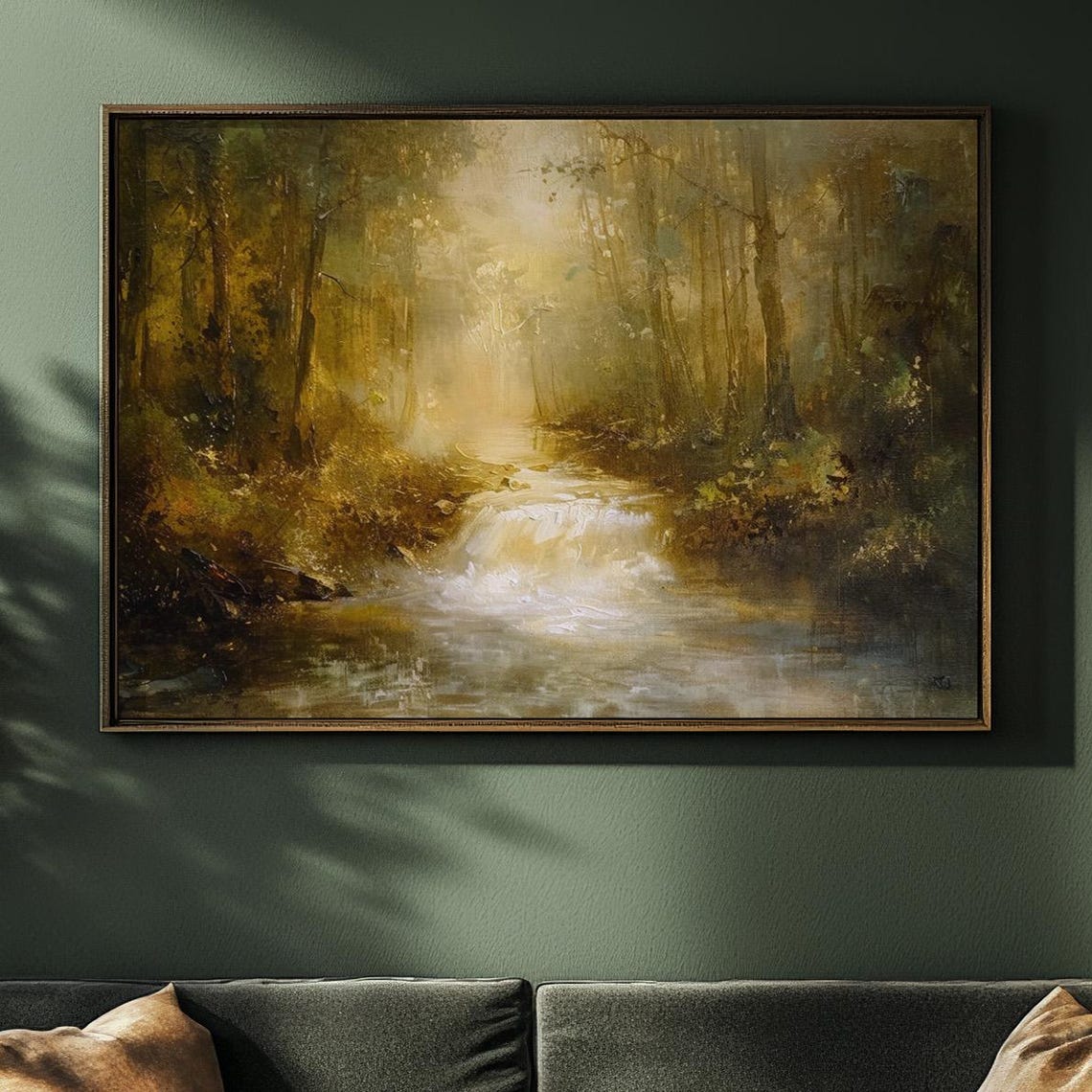 Vintage Waterfall Landscape Painting Tranquil Woodland Wall Art Serene Forest Scenery Rustic Home Decor Instant - Image 4