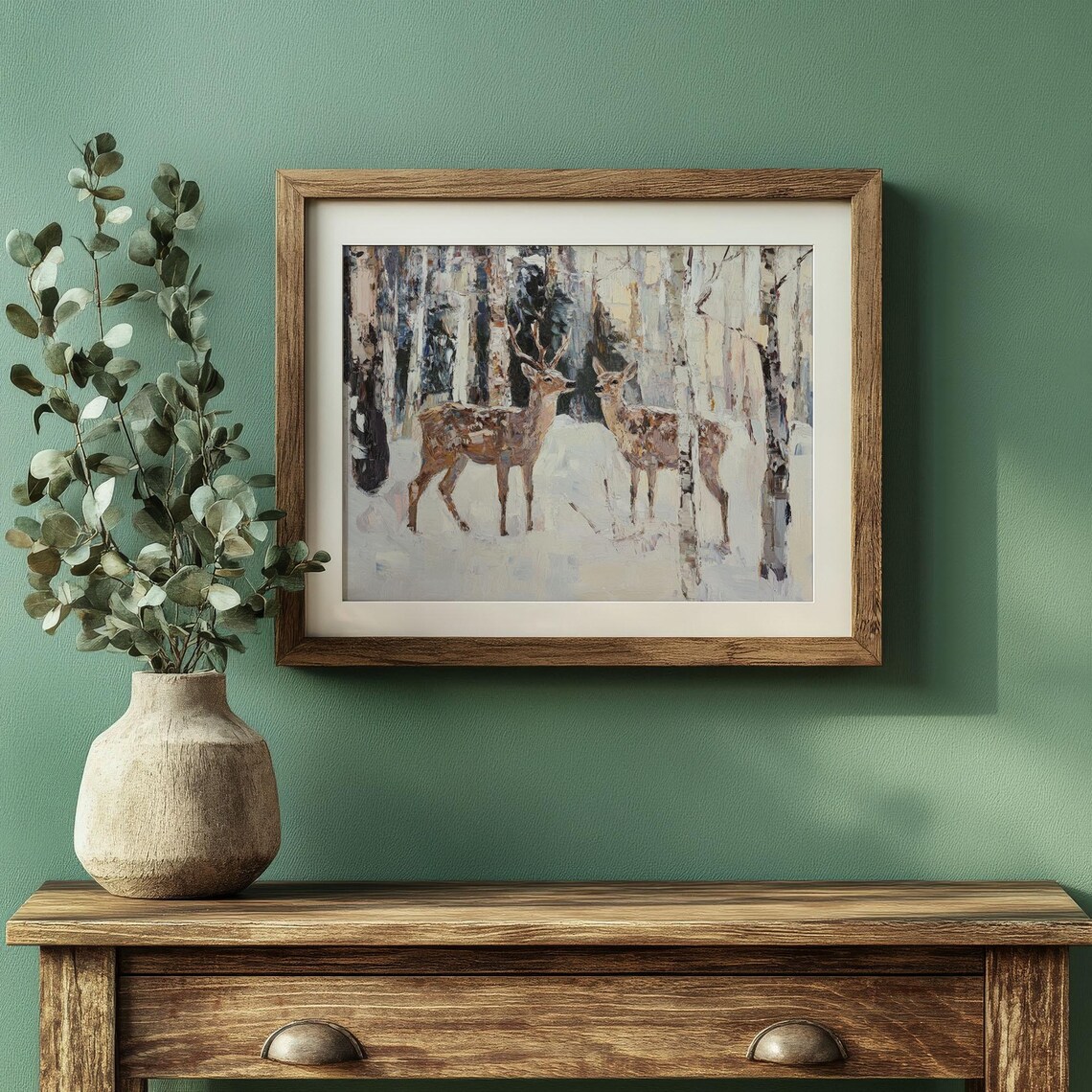 Stag And Doe Snowy Birch Woodland Vintage Winter Wildlife Poster - Image 4