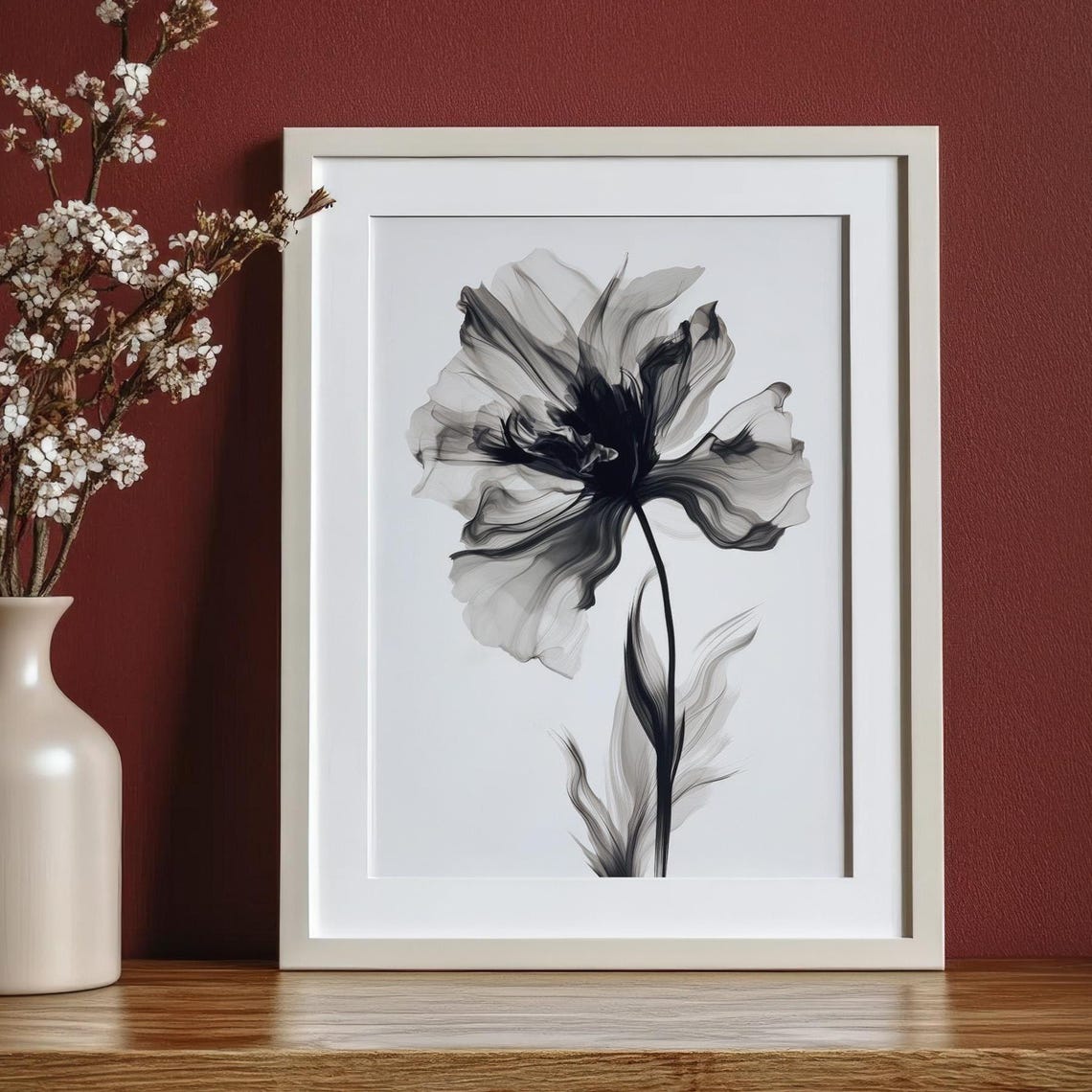Black White Ink Flower Minimalist Monochrome Botanical Art Poster - Image 4