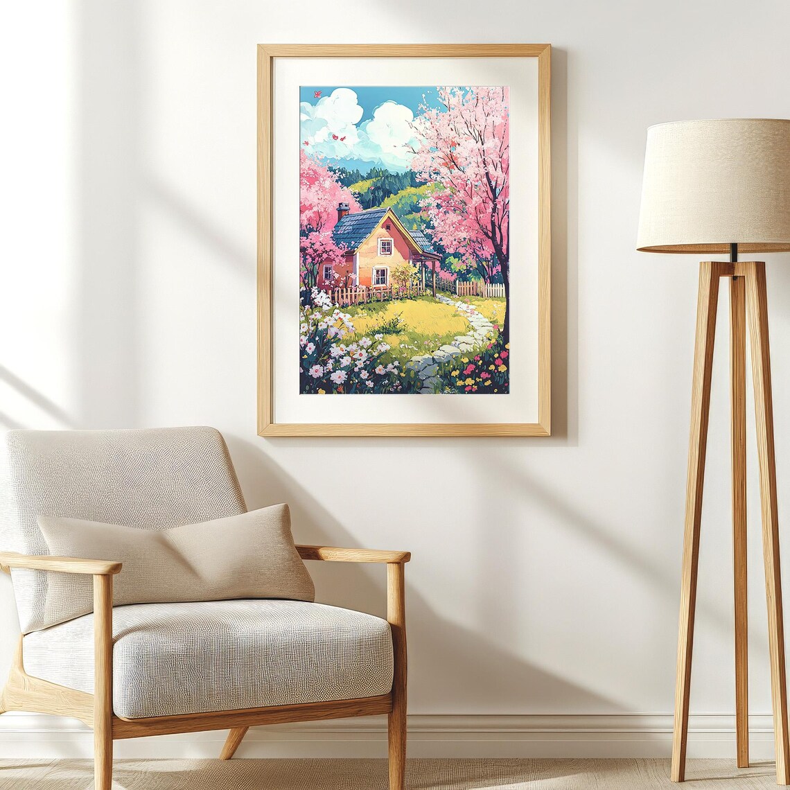 Spring Farmhouse Cottage Cherry Blossom Trees Painting Country Home Wall Art - Image 4