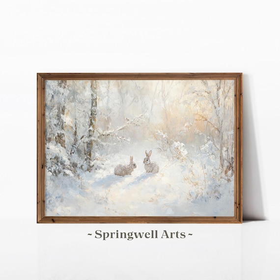 Winter Bunny Rabbits Art Print, Vintage Rustic Farmhouse