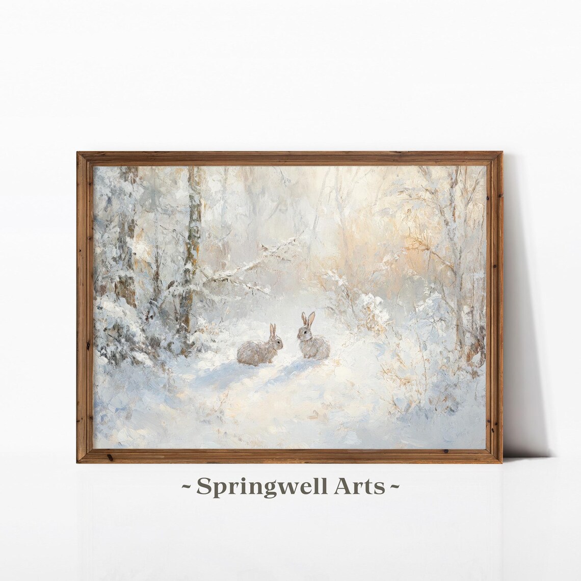 Winter Bunny Rabbits Art Print, Vintage Rustic Farmhouse