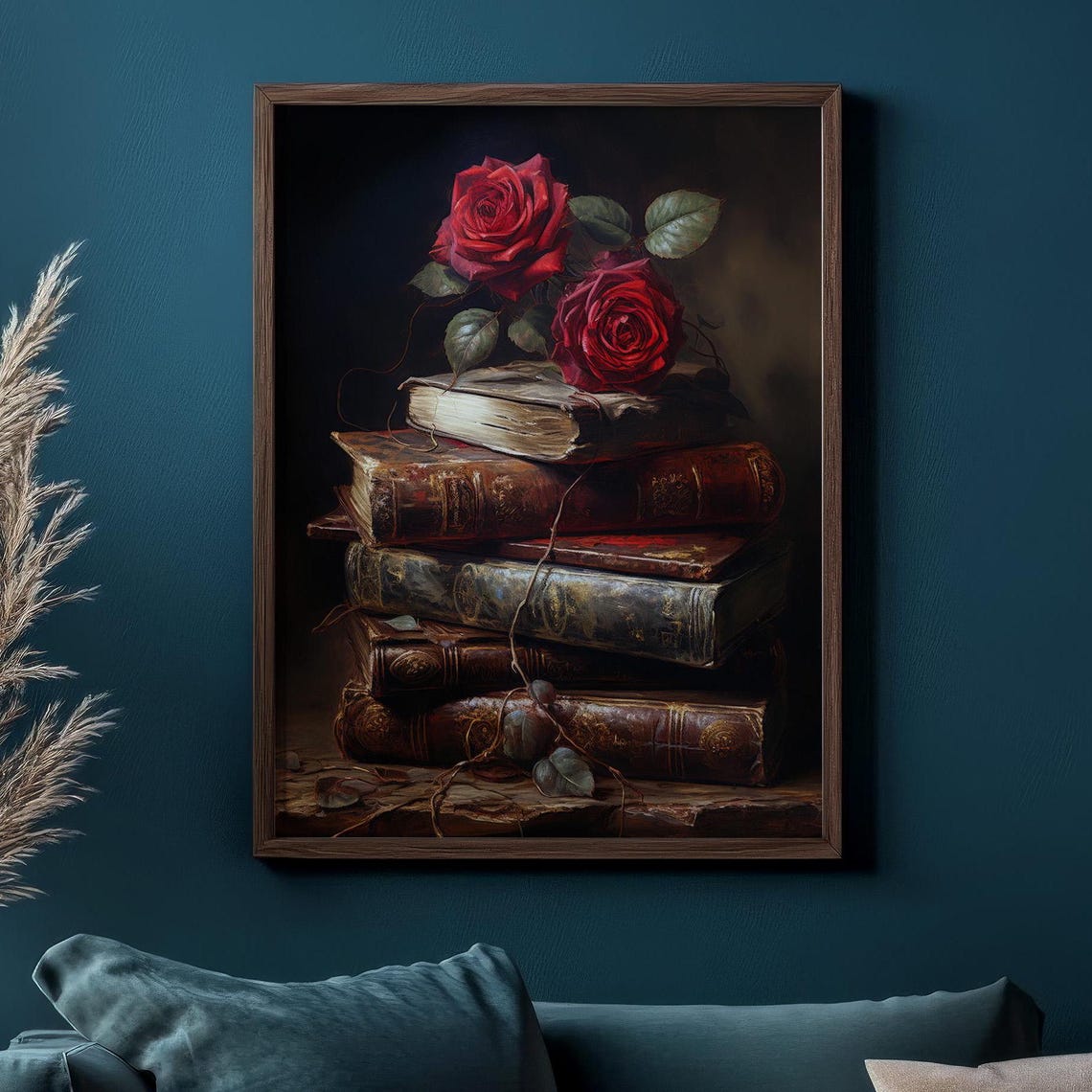 Twin Red Roses Antique Book Stack Moody Vintage Rose Art Poster - Image 2