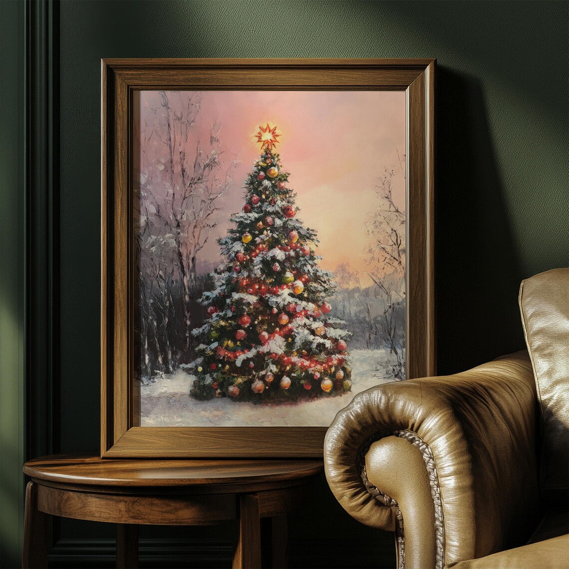 Decorated Christmas Tree Ornaments Glowing Star Snowy Art Poster - Image 2