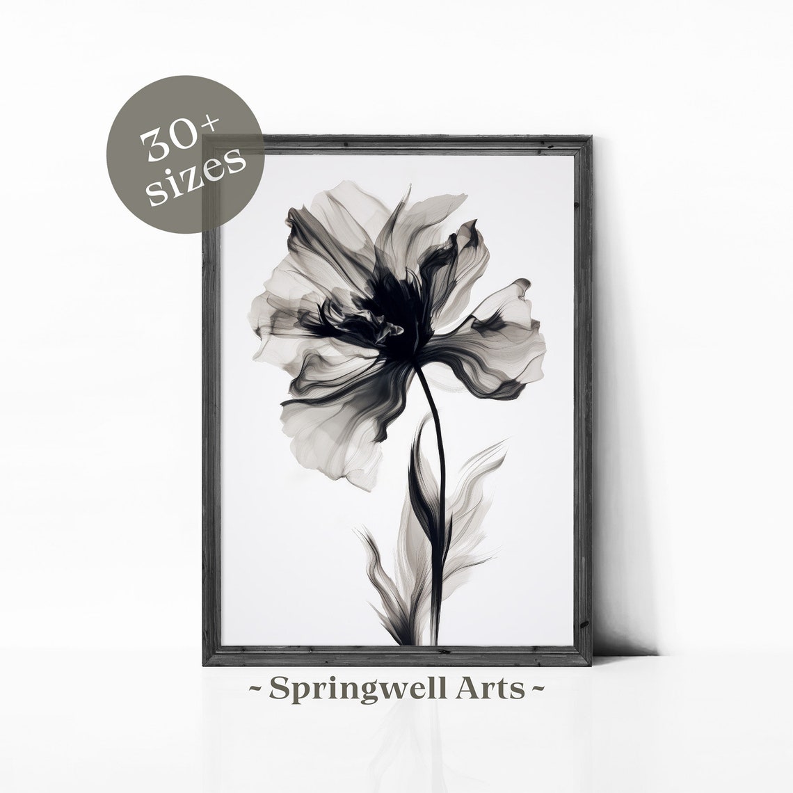 Black White Ink Flower Minimalist Monochrome Botanical Art Poster