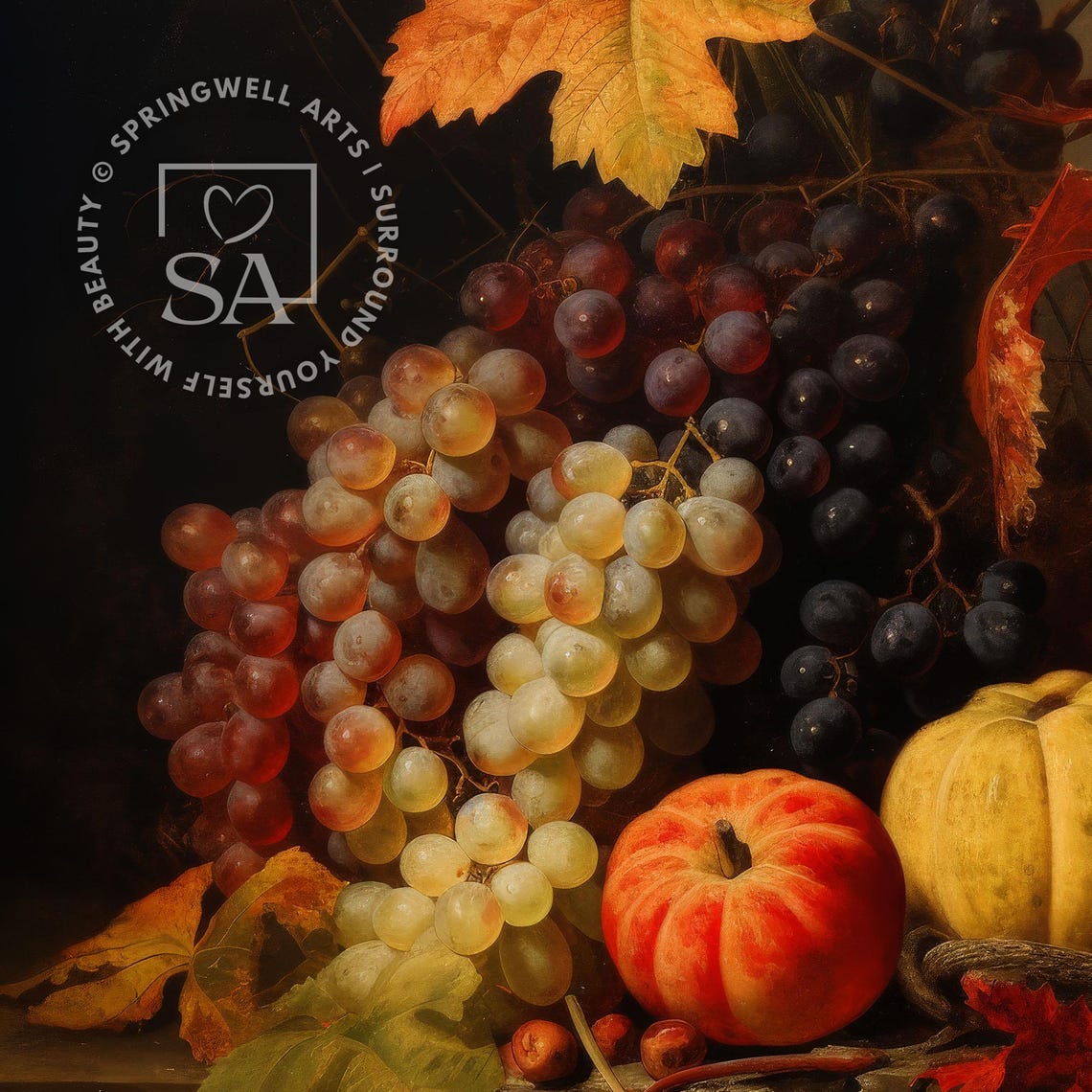 Fall Harvest Still Life Grapes Pumpkin Gourd Autumn Leaves Poster - Image 5