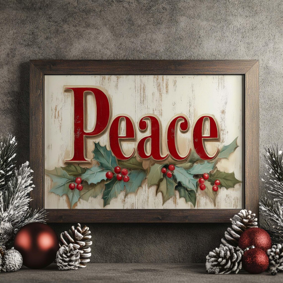 Vintage Christmas Peace Print with Holly Leaves - Image 4