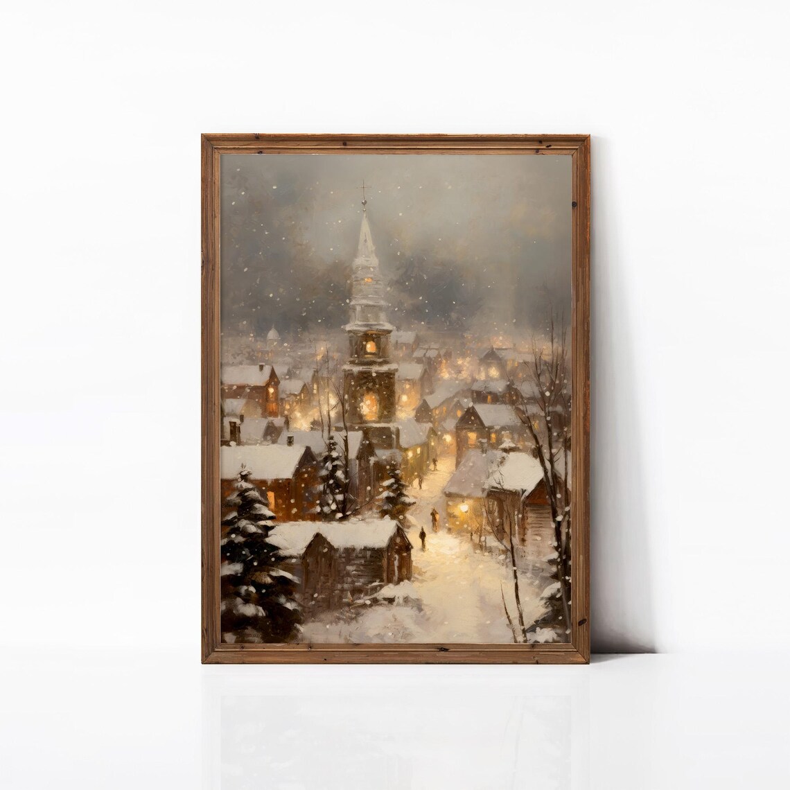 Snowy Christmas Town Church Steeple Night Glowing Village Art Poster