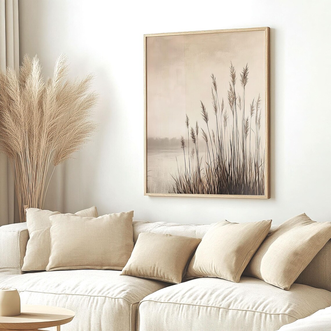 Beige Coastal Grass Lake Landscape Painting Monochrome Minimalist Wall Art - Image 3