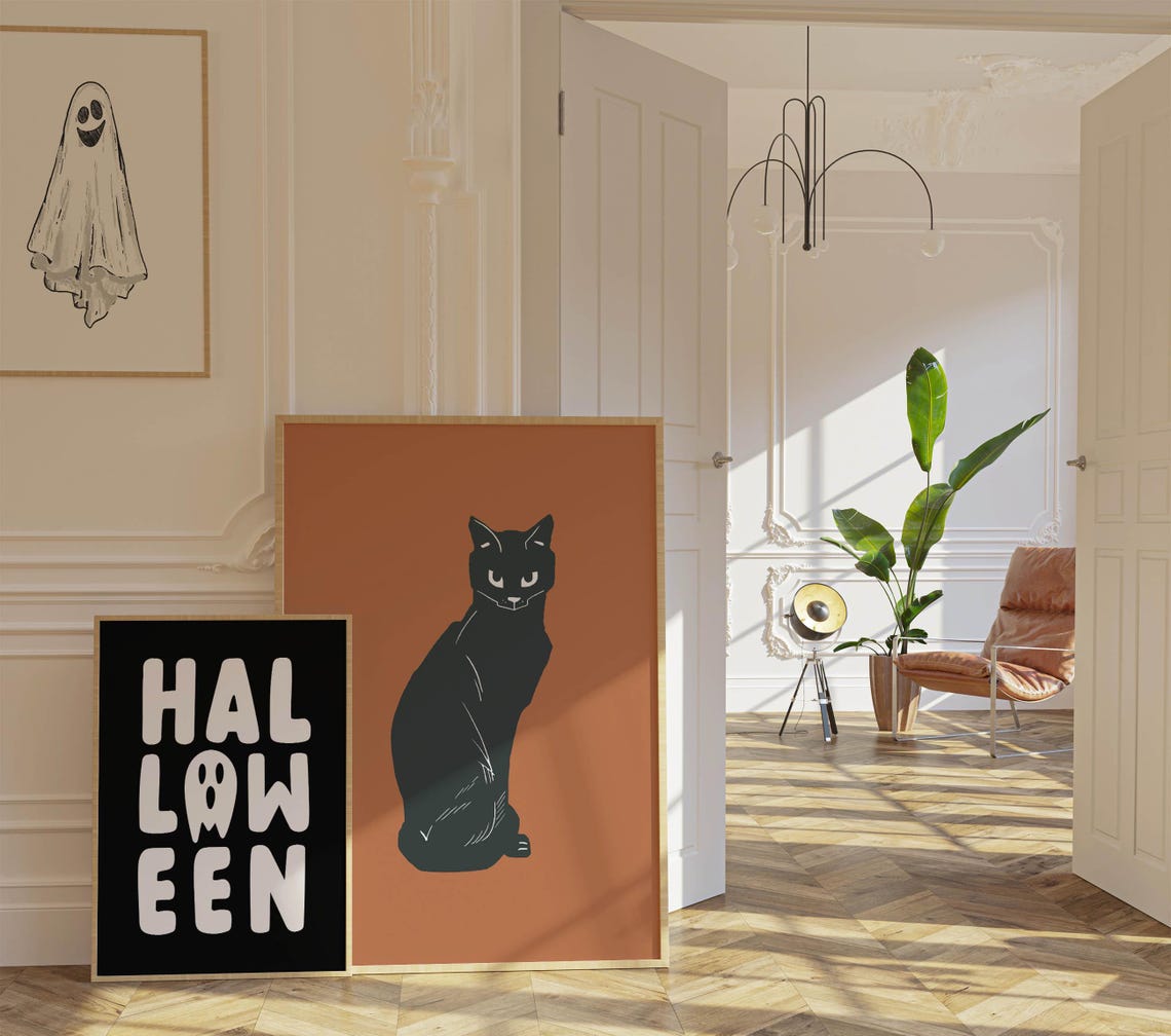 Black Cat Burnt Orange Vintage Illustration Retro Halloween Poster - Image 4
