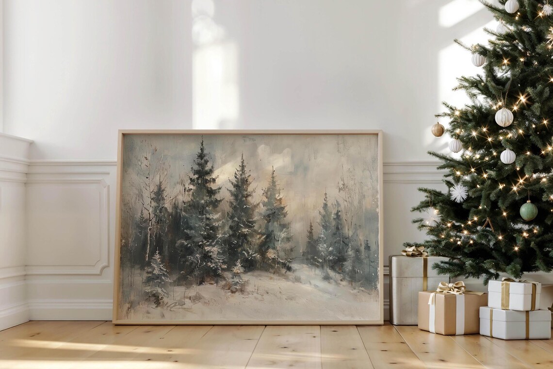Vintage Winter Pine Forest Snow Landscape Painting Moody Poster - Image 4