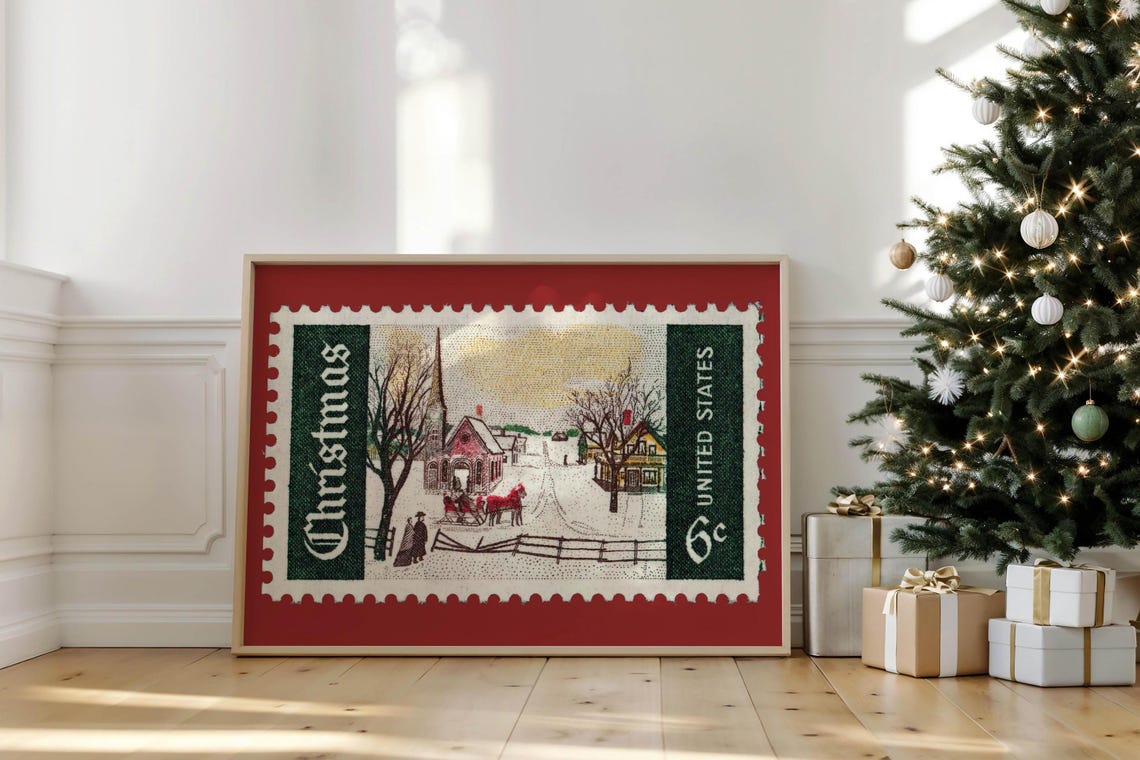 Vintage Christmas Stamp 6 Cent Sleigh Scene Red Frame Poster - Image 5