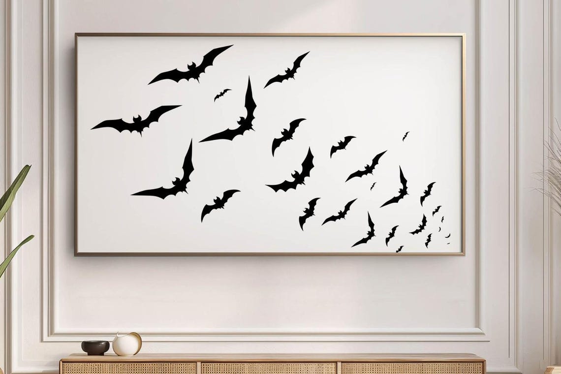 Flying Bat Silhouettes Swarm Minimalist Halloween Art Poster - Image 3