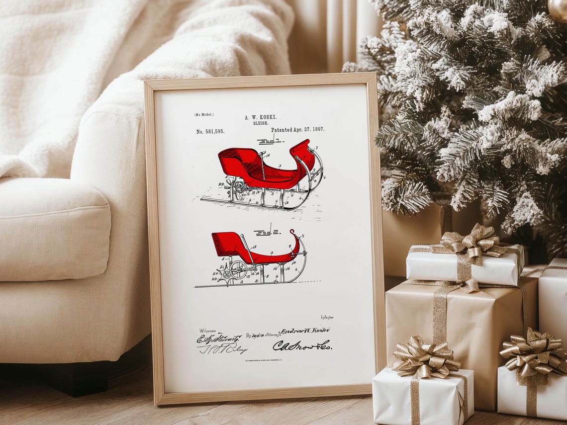 1897 Sleigh Patent Drawing Koski Red Sled Vintage Christmas Poster - Image 5
