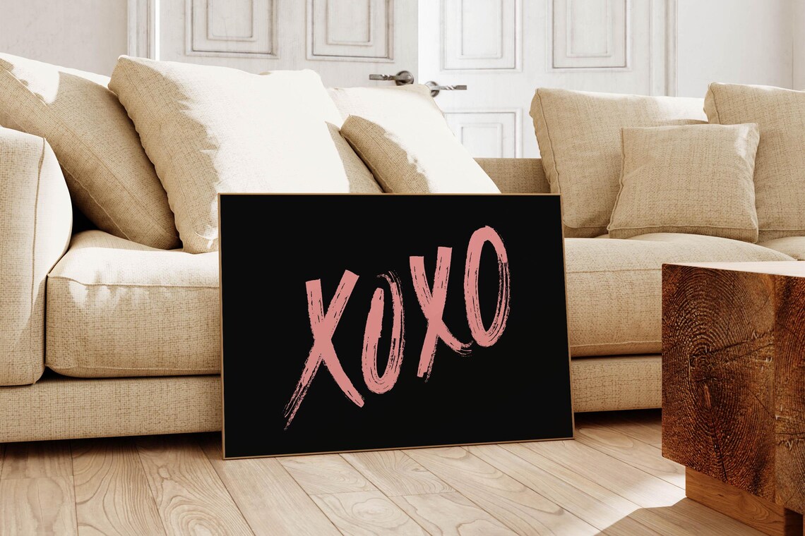 XOXO Pink Brush Script Black Background Valentine Love Wall Art Print - Image 6