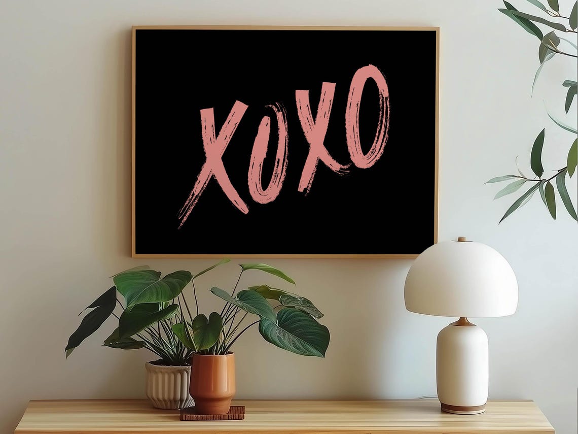 XOXO Pink Brush Script Black Background Valentine Love Wall Art Print - Image 4