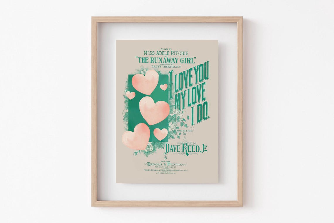 Vintage I Love You My Love I Do Valentine Sheet Music Poster - Image 2