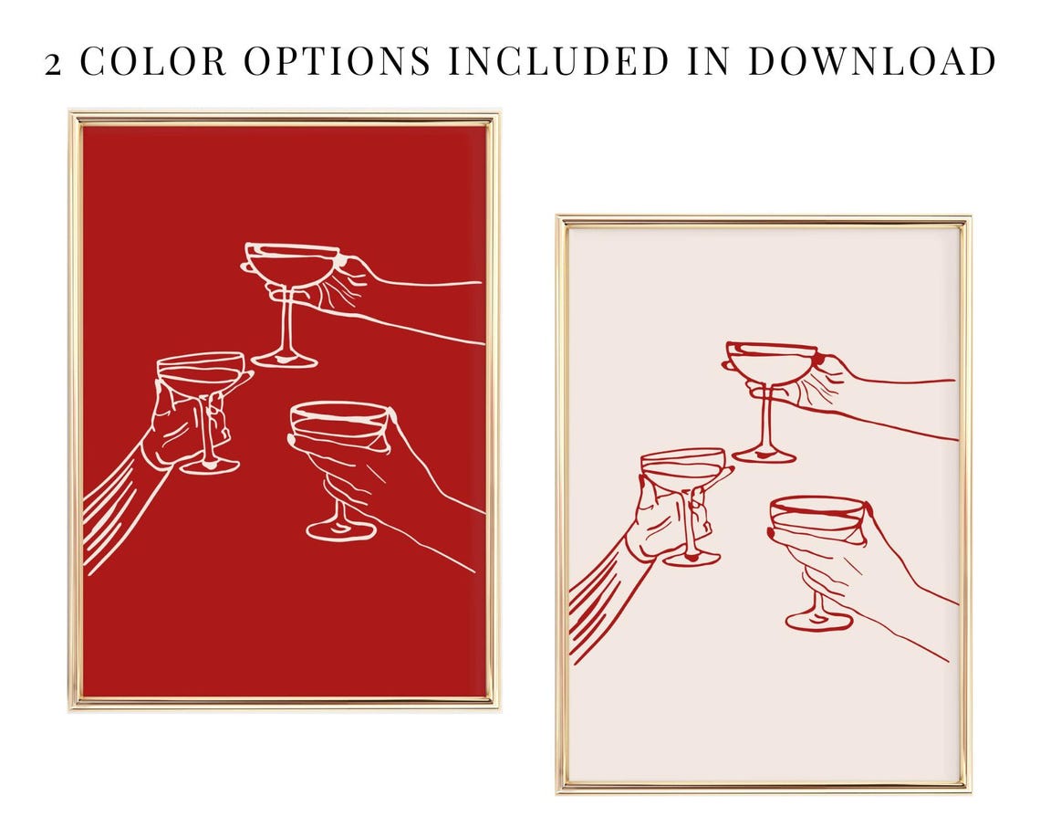 Elegant Cheers Coupe Glasses Toast Minimalist Red Bar Cart Poster - Image 3