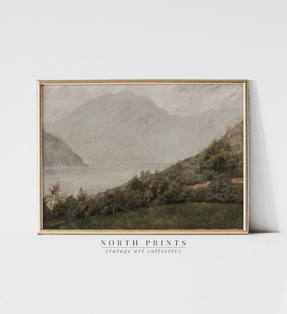 Vintage Lake Painting, Mountain Landscape Art Print