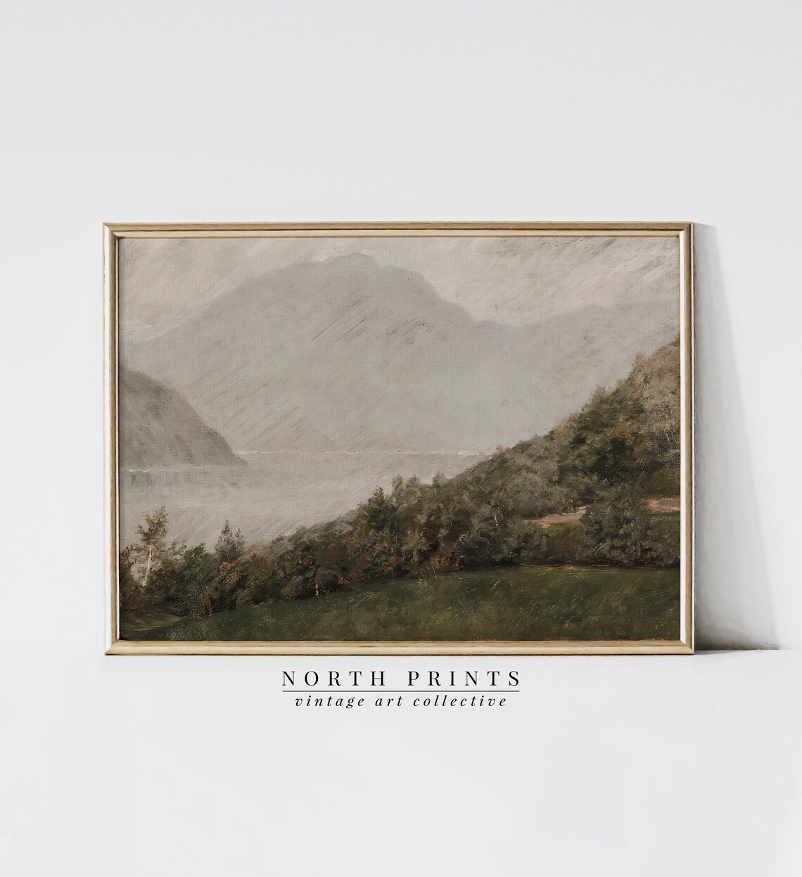 Vintage Lake Painting, Mountain Landscape Art Print