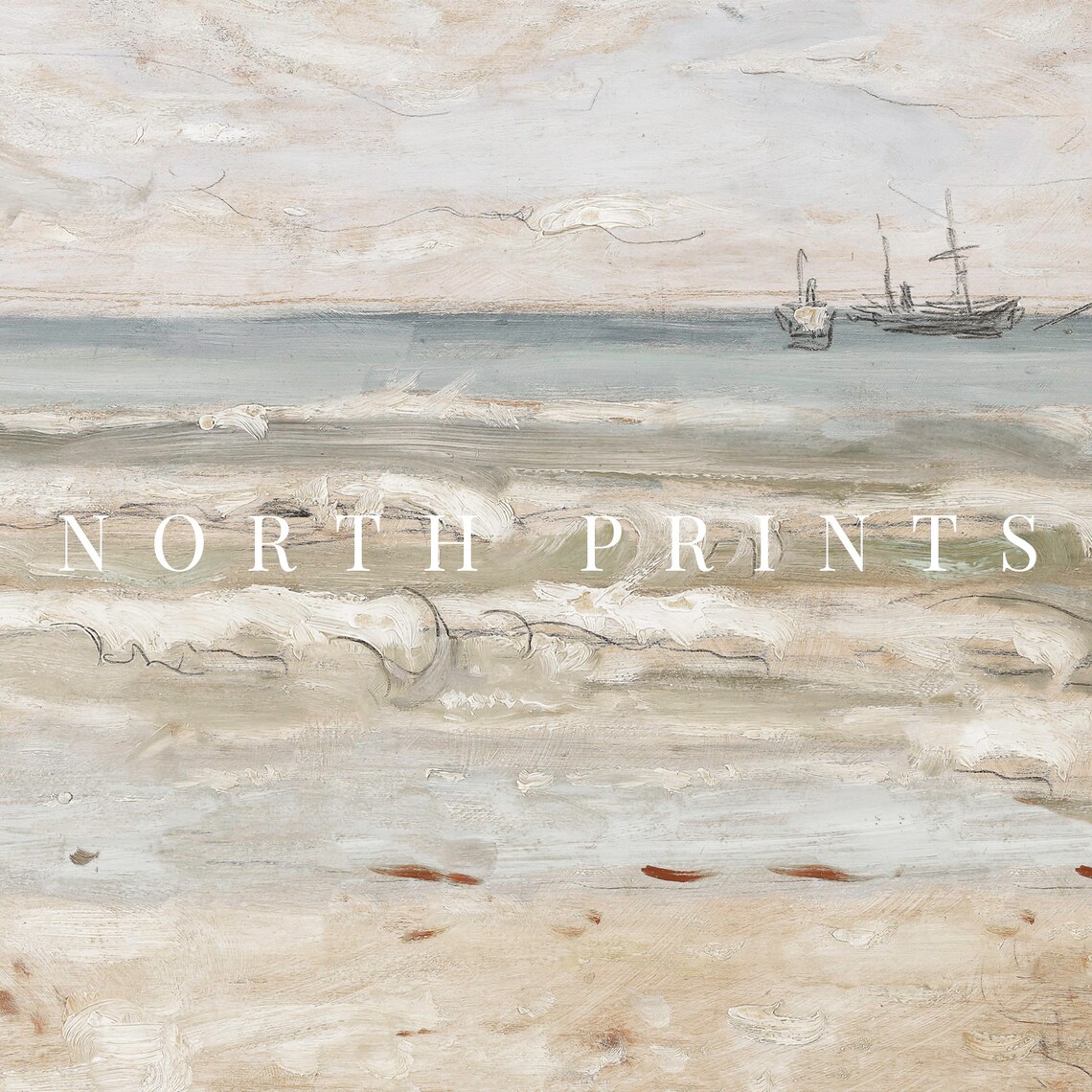 Vintage Beach Surf Sailing Ship Horizon Soft Coastal Oil Painting Wall Print - Image 2