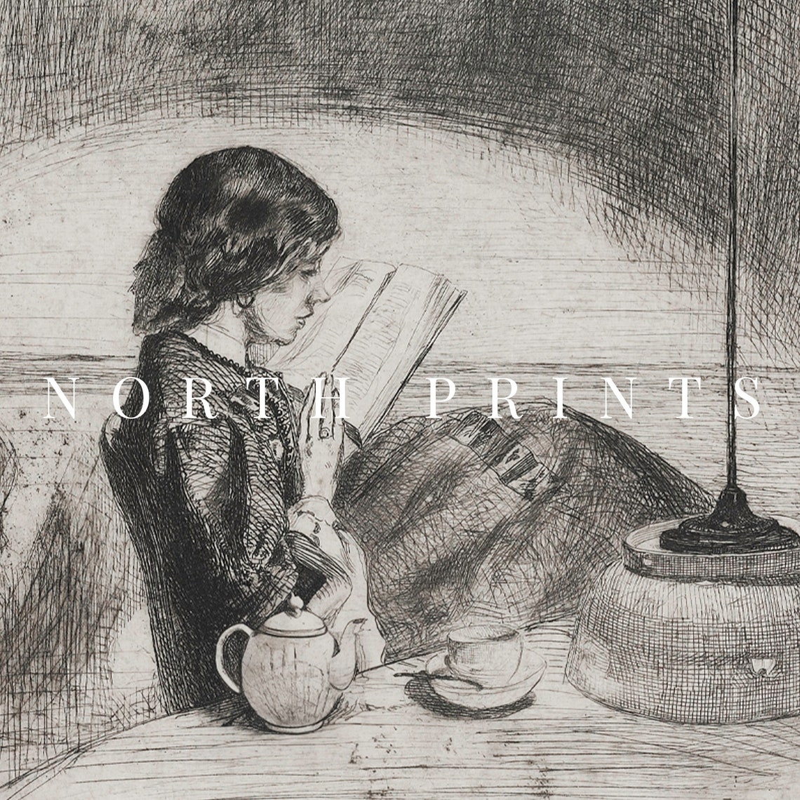 Book Lover Antique Portrait Sketch Reading And Tea Lover Wall Art North Prints W 163 - Image 3
