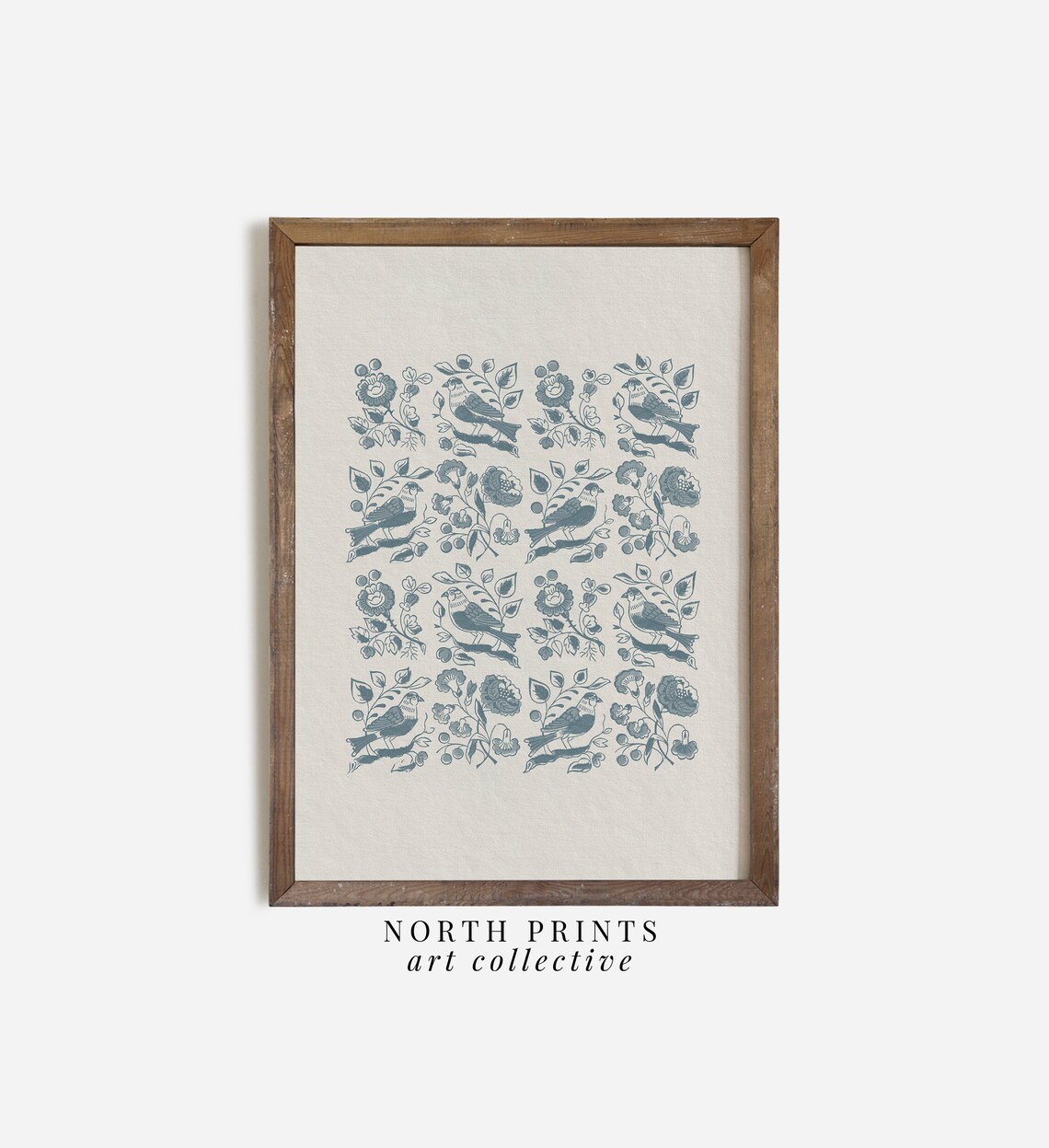 Dusty Blue Bird Floral Block Print Pattern Folk Nursery Kids Wall Art - Image 3