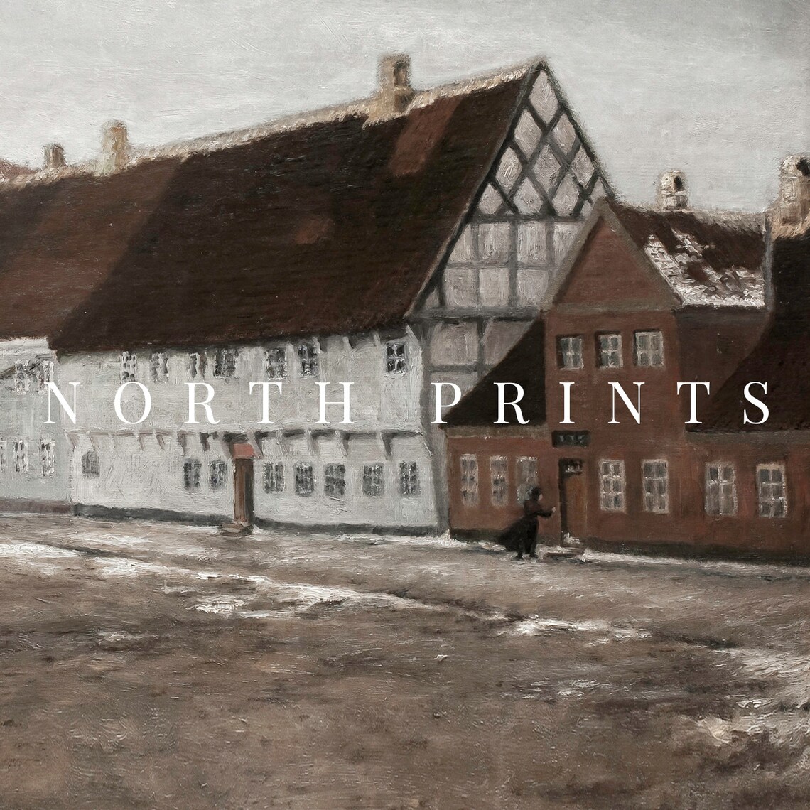 Moody Winter Village Street Snow Old Houses Vintage Painting Poster - Image 2