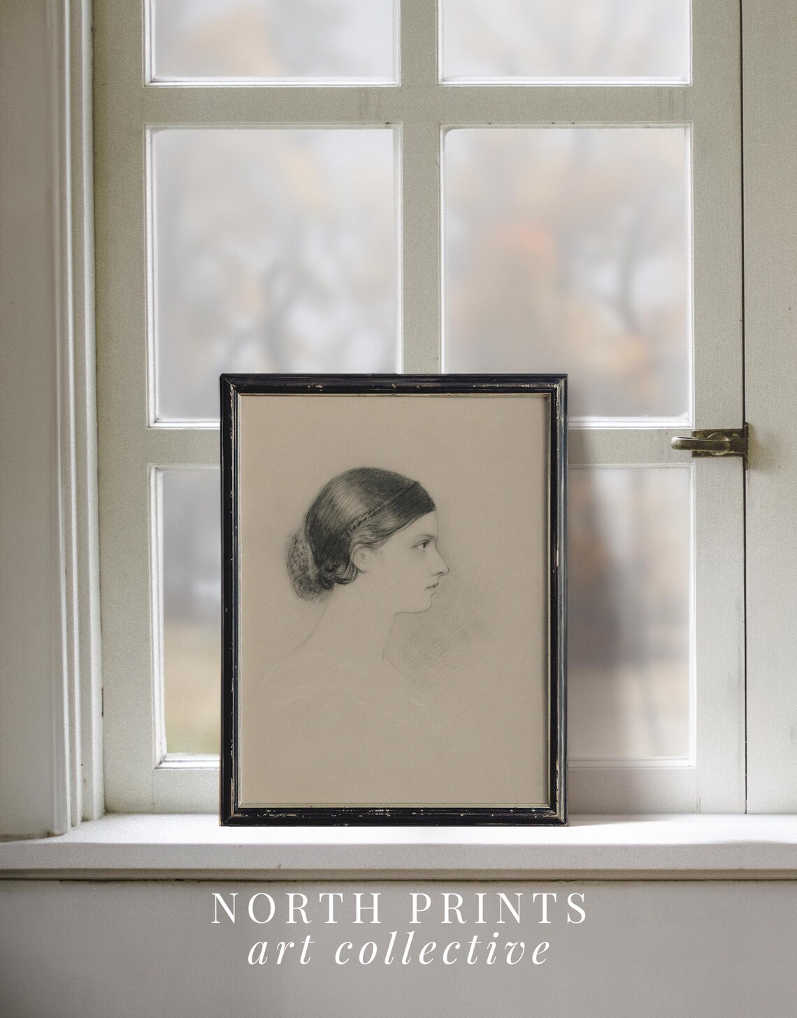 Antique Woman Profile Portrait Sketch Delicate Pencil Drawing Neutral Wall Print - Image 2