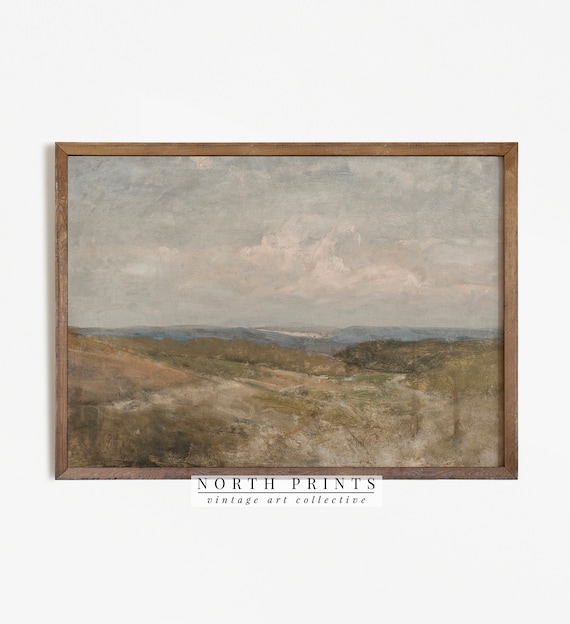 Valley Landscape Painting, Vintage Neutral Farmhouse Art Print