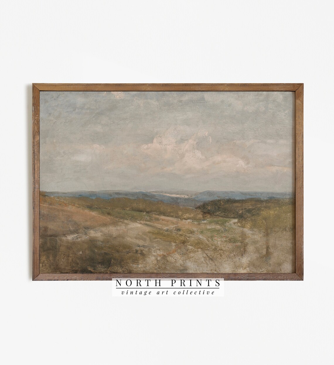 Valley Landscape Painting, Vintage Neutral Farmhouse Art Print