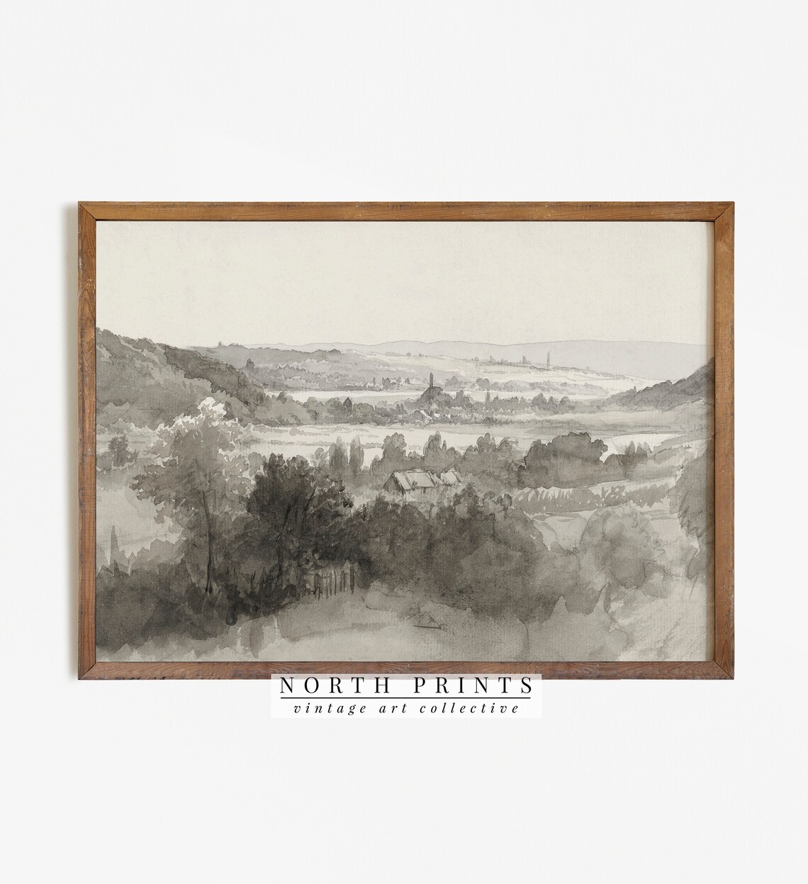Muted Watercolor Rustic Valley Landscape Art Print
