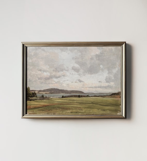 Green Meadow Lake Distant Hills Cloudy Sky Vintage Landscape Painting Wall Print